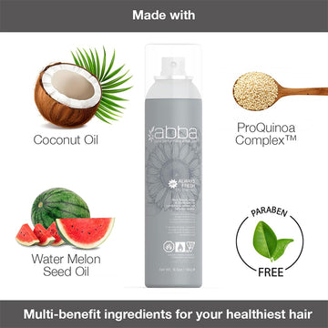 ABBA Always Fresh Dry Shampoo in a 6.5 oz aerosol can with rice starch, argan oil, and sunflower oil