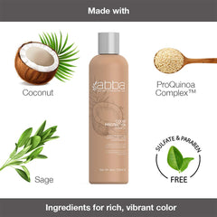 ABBA Color Protection Shampoo formula graphic featuring coconut, sage, ProQuinoa Complex, and a sulfate- and paraben-free claim