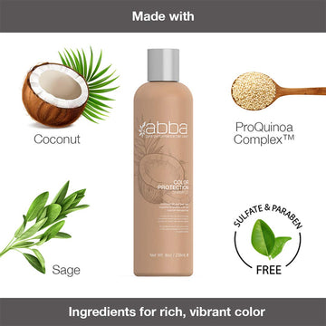 ABBA Color Protection Shampoo formula graphic featuring coconut, sage, ProQuinoa Complex, and a sulfate- and paraben-free claim