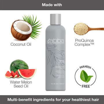 ABBA Detox Shampoo 8 oz formula graphic featuring coconut oil, watermelon seed oil, ProQuinoa Complex, and a paraben-free claim
