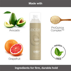 ABBA Firm Finish Hair Spray aerosol formula graphic featuring avocado, grapefruit, ProQuinoa Complex, and a paraben-free claim