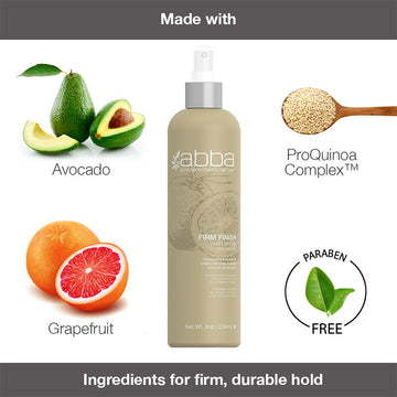 ABBA Firm Finish Hair Spray non-aerosol formula graphic featuring avocado, grapefruit, ProQuinoa Complex, and a paraben-free claim