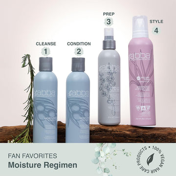 Abba Moisture Regimen featuring shampoo, conditioner, Complete All-In-One Leave-In Spray and Volume Foam