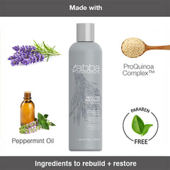 ABBA Recovery Treatment Conditioner 8 oz formula graphic featuring lavender, peppermint oil, ProQuinoa Complex, and a paraben-free claim