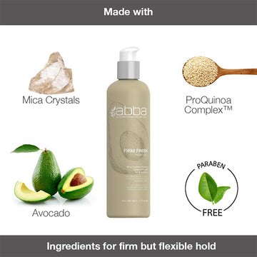 ABBA Style Gel Medium Hold formula graphic featuring mica crystals, avocado, ProQuinoa Complex, and a paraben-free claim