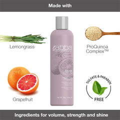 ABBA Volume Conditioner 8 oz formula graphic featuring lemongrass, grapefruit, ProQuinoa Complex, and a sulfate- and paraben-free claim