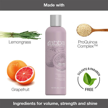 ABBA Volume Conditioner 8 oz formula graphic featuring lemongrass, grapefruit, ProQuinoa Complex, and a sulfate- and paraben-free claim