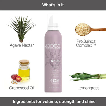 ABBA Volume Foam Styling Mousse formula graphic featuring agave nectar, grapeseed oil, lemongrass, and ProQuinoa Complex
