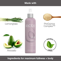 ABBA Volume Root Spray formula graphic featuring lemongrass, avocado, ProQuinoa Complex, and a paraben-free claim