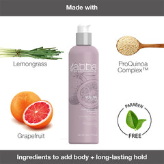 ABBA Volume Serum 6 oz formula graphic featuring lemongrass, grapefruit, ProQuinoa Complex, and a paraben-free claim