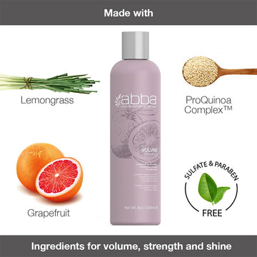 ABBA Volume Shampoo 8 oz formula graphic featuring lemongrass, grapefruit, ProQuinoa Complex, and a sulfate- and paraben-free claim