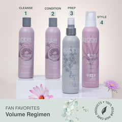 Four-step ABBA Volume Regimen featuring Volume Shampoo, Volume Conditioner, Complete All-in-One Leave-In Spray, and High Volume Styling Foam