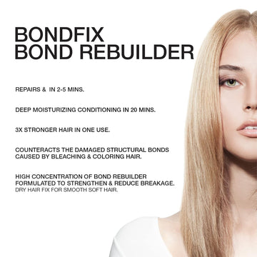 Celeb Luxury BondFix Bond Rebuilder benefits graphic highlighting hair repair, deep moisturizing conditioning, stronger hair, and reduced breakage.