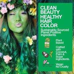 Clean beauty graphic featuring a model with long green hair and information about plant-based, sustainably sourced, vegan, and cruelty-free ingredients.