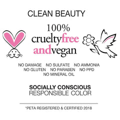 Celeb Luxury clean beauty graphic highlighting vegan and cruelty-free certification and formulas without sulfates, ammonia, gluten, parabens, PPD, or mineral oil.