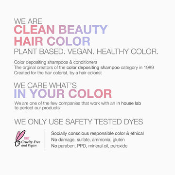 Celeb Luxury clean beauty standards graphic describing plant-based, vegan, cruelty-free color-depositing shampoos and conditioners made with safety-tested dyes