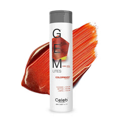 Celeb Luxury Gem Lites Fire Opal Copper Colorwash Shampoo 8.25 fl oz bottle with a metallic copper product texture swatch