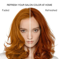 Split before-and-after view of a model with shoulder-length wavy copper hair, showing faded color and a richer result after Celeb Luxury Gem Lites Fire Opal Copper Colorwash Shampoo