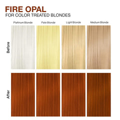 Celeb Luxury Gem Lites Fire Opal Copper Colorwash Shampoo chart showing copper results on color-treated platinum, pale, light, and medium blonde hair