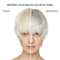 Split before-and-after view of a model with a short platinum hairstyle, showing faded yellow tones and a refreshed icy silver result after Celeb Luxury Gem Lites Flawless Diamond Colorditioner