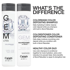 Celeb Luxury Gem Lites Flawless Diamond Colorwash and Colorditioner comparison showing that the shampoo cleanses and deposits color while the conditioner moisturizes and deposits color with a bond rebuilder