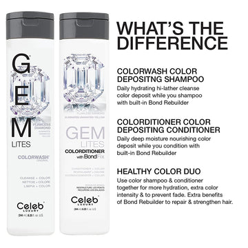 Celeb Luxury Gem Lites Flawless Diamond Colorwash and Colorditioner comparison showing that the shampoo cleanses and deposits color while the conditioner moisturizes and deposits color with a bond rebuilder
