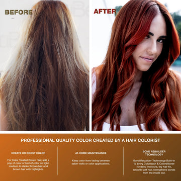 Before-and-after comparison of faded medium brown hair transformed to a rich copper shade with red highlights.