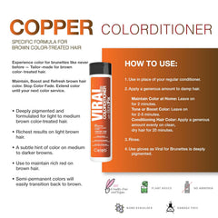 Instructions for applying Celeb Luxury Viral Copper for Brunettes Colorditioner to color-treated brown hair for maintenance, toning, or deeper copper color.
