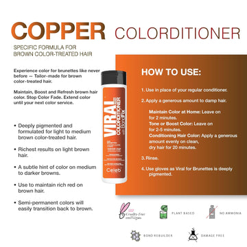 Instructions for applying Celeb Luxury Viral Copper for Brunettes Colorditioner to color-treated brown hair for maintenance, toning, or deeper copper color.