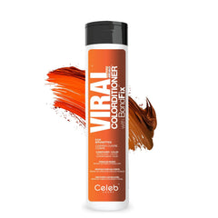 Celeb Luxury Viral Copper for Brunettes Hybrid Colorditioner with BondFix bottle against copper and brown color smears.