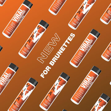 Celeb Luxury Viral Copper for Brunettes Colorwash and Colorditioner bottles arranged on a copper and brown background.