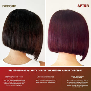 Before-and-after comparison showing a dark brown bob transformed to a rich deep red-burgundy hair color.