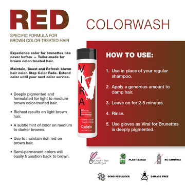 Celeb Luxury Viral for Brunettes Red Colorwash instructional graphic with product benefits and directions to apply to damp hair, leave on for 2 to 5 minutes, and rinse.