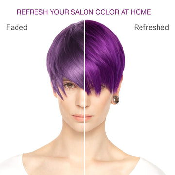 Before-and-after comparison showing faded purple short hair refreshed to a brighter, more vibrant purple color.