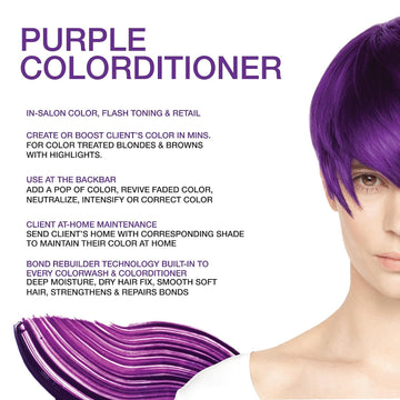 Celeb Luxury Viral Hybrid Colorditioner with BondFix Purple benefits graphic showing vivid purple hair and information about color refreshing, moisture, and bond rebuilding.