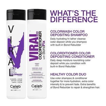 Comparison of Celeb Luxury Viral Purple Colorwash Shampoo and Purple Hybrid Colorditioner with BondFix