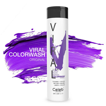 Celeb Luxury Viral Purple Colorwash Shampoo bottle displayed over a vivid purple formula swatch