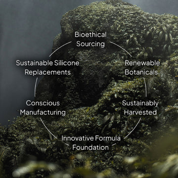 Essentials by LOMA sustainability graphic showing bioethical sourcing, renewable botanicals, sustainable silicone replacements, conscious manufacturing, sustainably harvested ingredients, and an innovative formula foundation