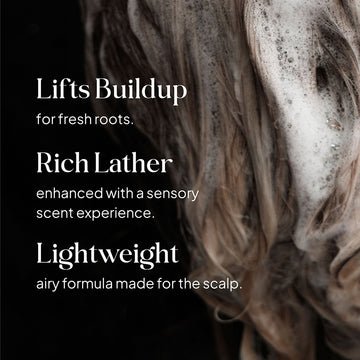 Essentials by LOMA Healthy Scalp Shampoo graphic showing rich lather and lightweight scalp-focused benefits