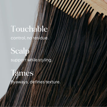 Essentials by LOMA Healthy Scalp Style Crème graphic showing dark hair being brushed with touchable control, scalp support, flyaway control, and texture definition