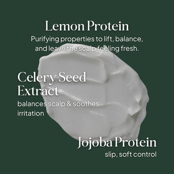 Essentials by LOMA Healthy Scalp Style Crème graphic featuring lemon protein, celery seed extract, and jojoba protein for scalp balance and soft control