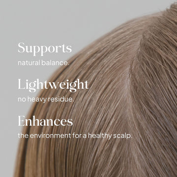 Essentials by LOMA Healthy Scalp Treatment graphic showing light brown hair with natural scalp balance, lightweight care, and no heavy residue