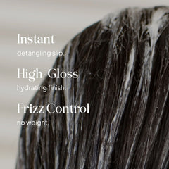 Essentials by LOMA Max Shine Conditioner graphic showing wet dark hair with instant detangling, high-gloss hydration, and lightweight frizz control