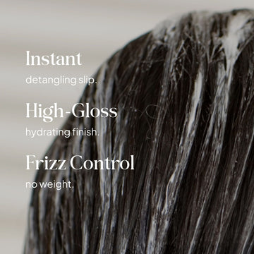 Essentials by LOMA Max Shine Conditioner graphic showing wet dark hair with instant detangling, high-gloss hydration, and lightweight frizz control