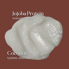 Essentials by LOMA Max Shine Conditioner graphic featuring jojoba protein, shea, and coconut for strengthening, shine, hydration, and smooth slip