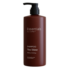 Essentials by LOMA Max Shine Shampoo 12 oz in a brown pump bottle on a white background