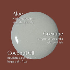Essentials by LOMA Max Shine Shampoo graphic featuring aloe, creatine, and coconut oil for hydration, softness, shine, and frizz control