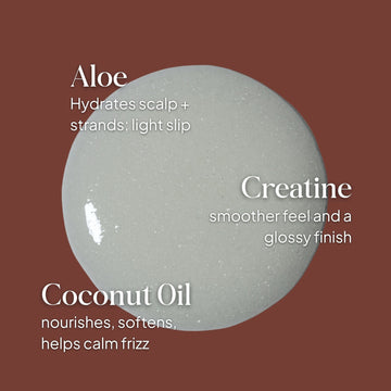 Essentials by LOMA Max Shine Shampoo graphic featuring aloe, creatine, and coconut oil for hydration, softness, shine, and frizz control