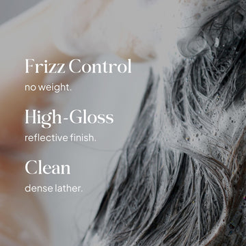 Essentials by LOMA Max Shine Shampoo graphic showing lathered dark hair with lightweight frizz control, high-gloss shine, and dense cleansing lather