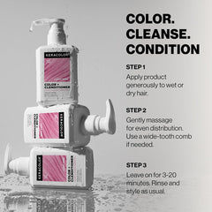 Three-step instructions for applying Keracolor Color + Clenditioner Light Pink to wet or dry hair